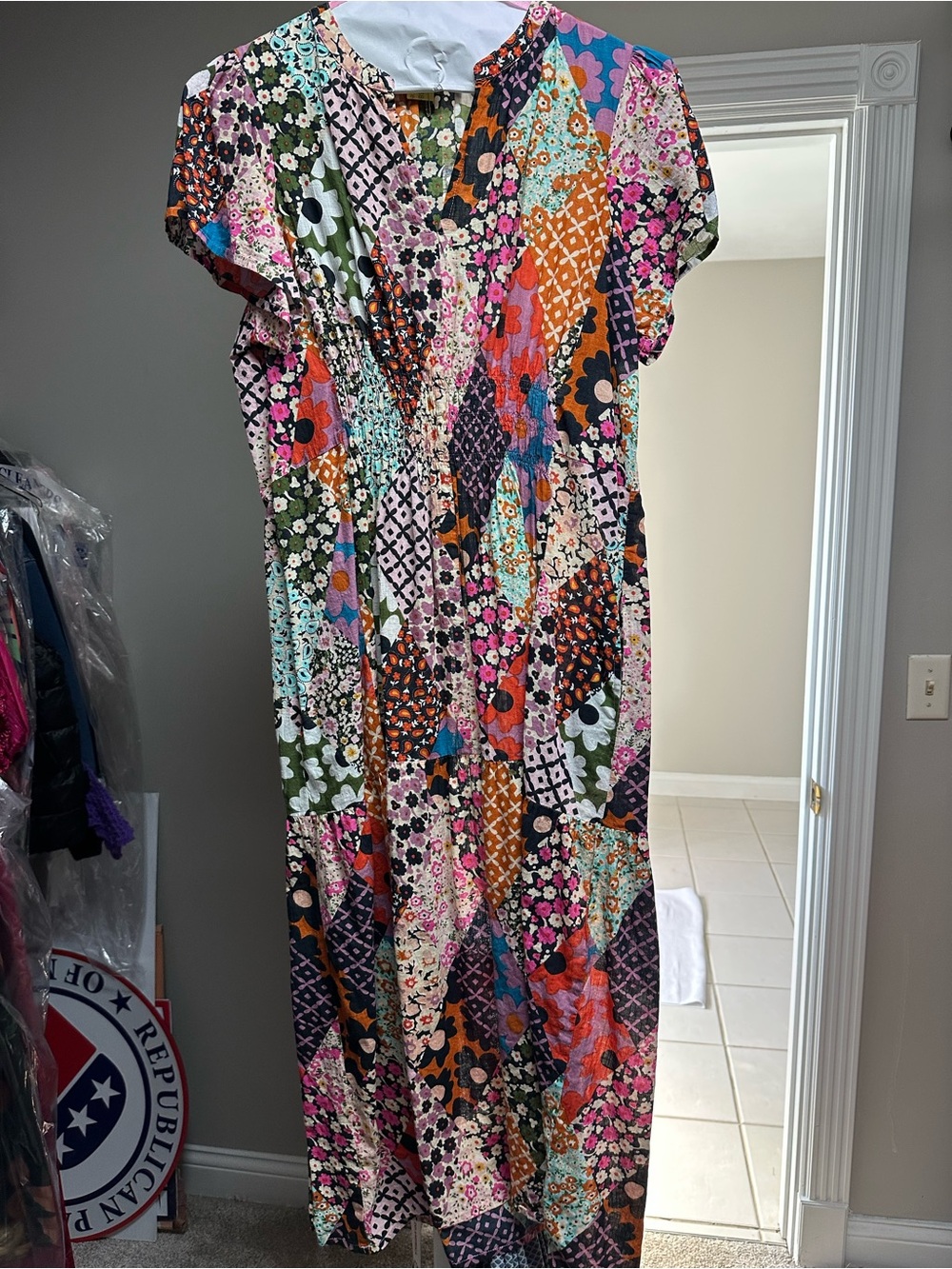 Uncle Frank Patchwork Floral Maxi Dress in Pink, Orange, Green, Blue
